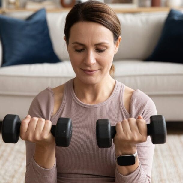 A woman wearing a long-sleeve workout top sits indoors in front of a sofa, holding dumbbells and performing bicep curls. She looks focused, using her smartwatch to track muscle while losing weight.