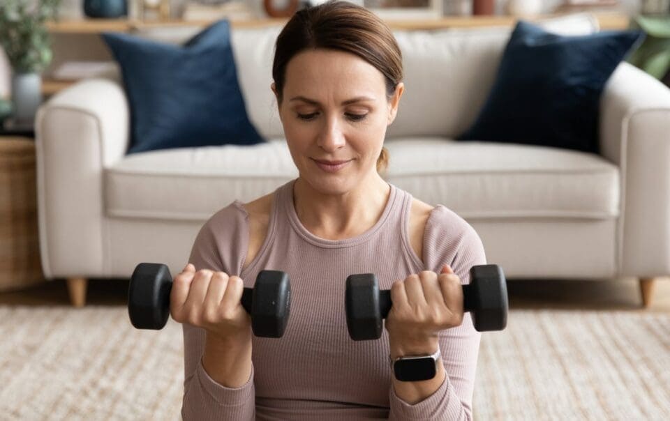 A woman wearing a long-sleeve workout top sits indoors in front of a sofa, holding dumbbells and performing bicep curls. She looks focused, using her smartwatch to track muscle while losing weight.
