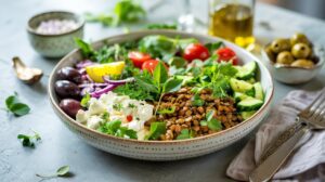 A Mediterranean Lentil & Cottage Cheese Power Bowl featuring fresh salad with lentils, cherry tomatoes, cucumber, red onion, olives, greens, and creamy cottage cheese, garnished with herbs. A fork, napkin, oil bottle, and olives in the background.