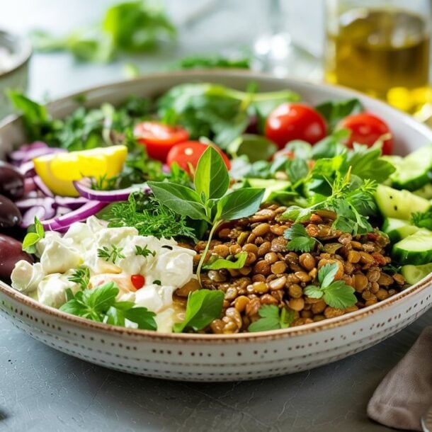 A Mediterranean Lentil & Cottage Cheese Power Bowl featuring fresh salad with lentils, cherry tomatoes, cucumber, red onion, olives, greens, and creamy cottage cheese, garnished with herbs. A fork, napkin, oil bottle, and olives in the background.