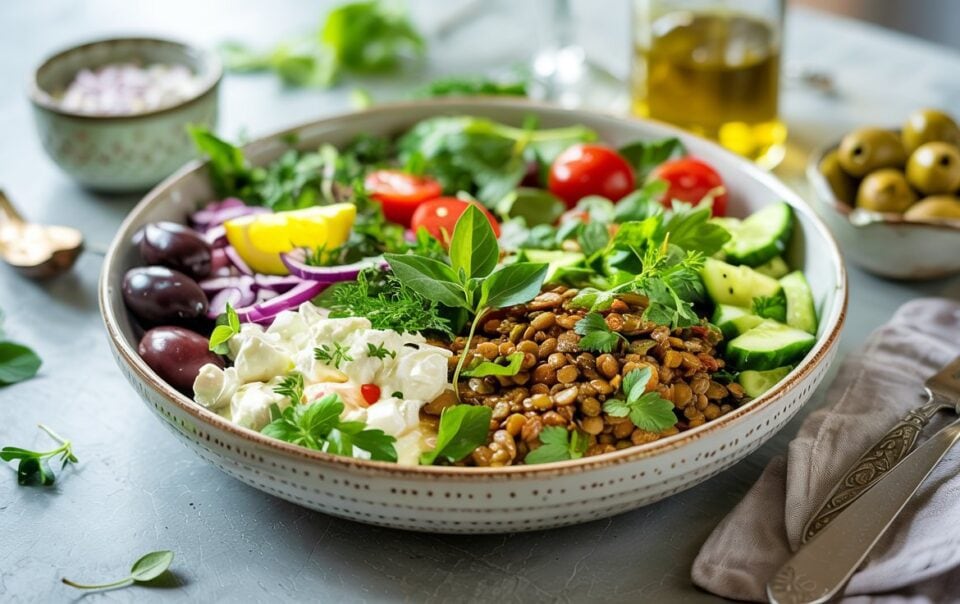 A Mediterranean Lentil & Cottage Cheese Power Bowl featuring fresh salad with lentils, cherry tomatoes, cucumber, red onion, olives, greens, and creamy cottage cheese, garnished with herbs. A fork, napkin, oil bottle, and olives in the background.
