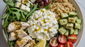 A Mediterranean Power Bowl filled with arugula, sliced chicken with dressing, feta cubes, olives, quinoa, cucumber pieces, cherry tomato halves, and a generous serving of cottage cheese—drizzled with olive oil and garnished with a lemon wedge.