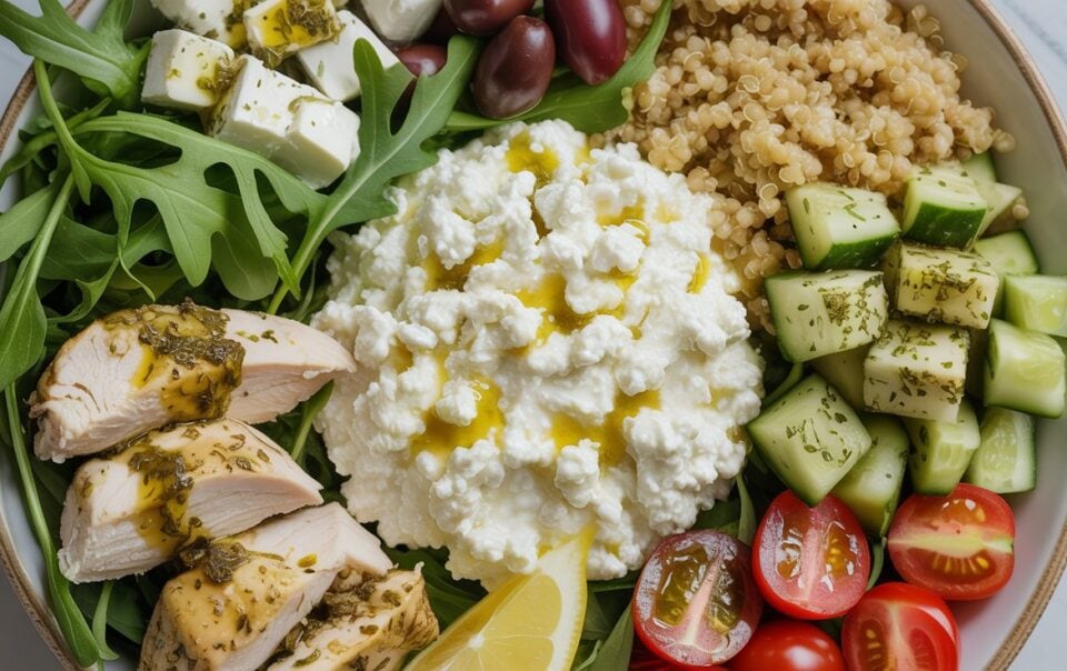 A Mediterranean Power Bowl filled with arugula, sliced chicken with dressing, feta cubes, olives, quinoa, cucumber pieces, cherry tomato halves, and a generous serving of cottage cheese—drizzled with olive oil and garnished with a lemon wedge.