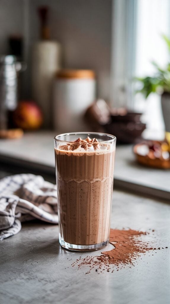 A tall glass of chocolate milkshake topped with chocolate shavings sits on a kitchen counter, hinting at the rich flavors found in tasty smoothies, with cocoa powder spilled nearby and blurred kitchen items in the background.
