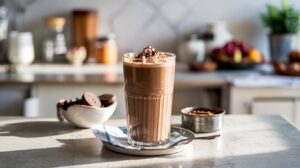 A tall glass of iced chocolate milkshake topped with whipped cream and chocolate shavings sits on a plate with a spoon. Nearby are chocolate cookies, cocoa powder, and a refreshing Mocha Cottage Cheese Smoothie in a bright, sunlit kitchen.
