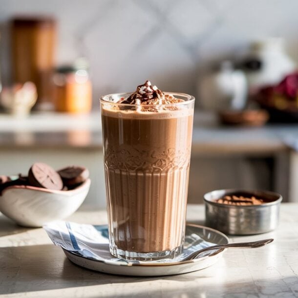 A tall glass of iced chocolate milkshake topped with whipped cream and chocolate shavings sits on a plate with a spoon. Nearby are chocolate cookies, cocoa powder, and a refreshing Mocha Cottage Cheese Smoothie in a bright, sunlit kitchen.