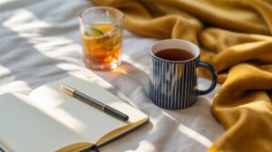 An open notebook with a pen, a striped mug of tea, and a glass of iced drink with lime sit on a sunlit bed with a yellow blanket, capturing the cozy atmosphere that perfectly complements mood changes throughout the day.