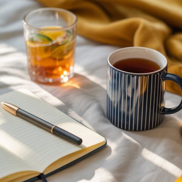 An open notebook with a pen, a striped mug of tea, and a glass of iced drink with lime sit on a sunlit bed with a yellow blanket, capturing the cozy atmosphere that perfectly complements mood changes throughout the day.
