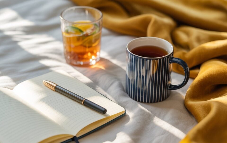 An open notebook with a pen, a striped mug of tea, and a glass of iced drink with lime sit on a sunlit bed with a yellow blanket, capturing the cozy atmosphere that perfectly complements mood changes throughout the day.