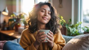 A woman with curly hair sits near a window, smiling with closed eyes and holding a mug. Sunlight streams in, and green plants surround her, creating a cozy atmosphere perfect for morning habits that boost energy and motivation.