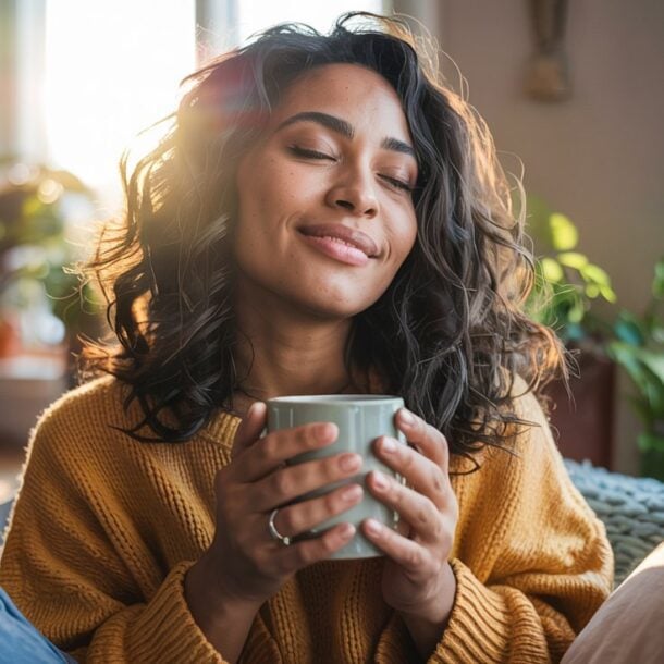 A woman with curly hair sits near a window, smiling with closed eyes and holding a mug. Sunlight streams in, and green plants surround her, creating a cozy atmosphere perfect for morning habits that boost energy and motivation.
