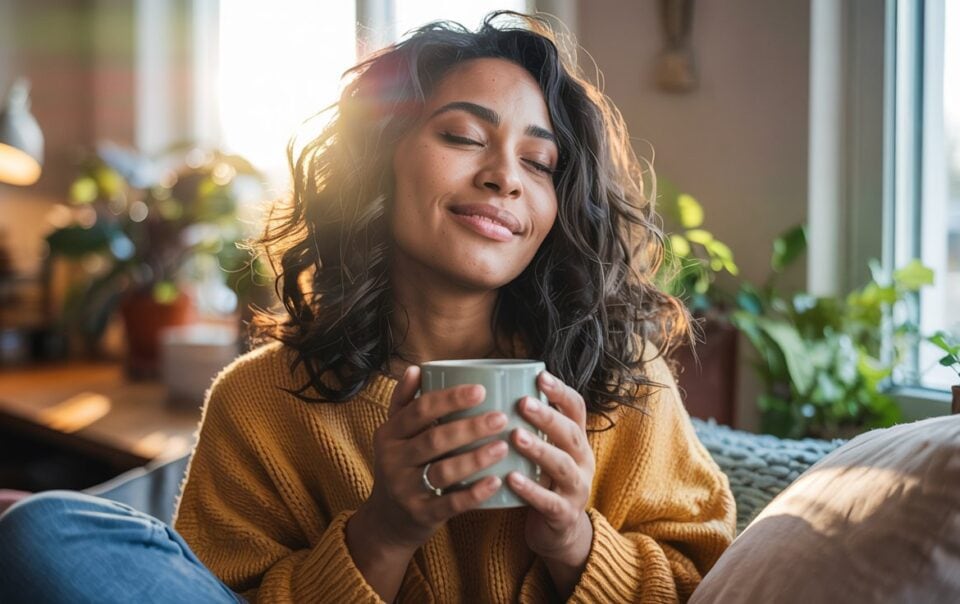 A woman with curly hair sits near a window, smiling with closed eyes and holding a mug. Sunlight streams in, and green plants surround her, creating a cozy atmosphere perfect for morning habits that boost energy and motivation.