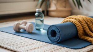 A rolled blue yoga mat, light gray dumbbells, a clear water bottle, and a mustard yellow blanket sit on a beige woven rug—essentials for staying active and helping prevent muscle loss during weight loss in a cozy indoor setting.