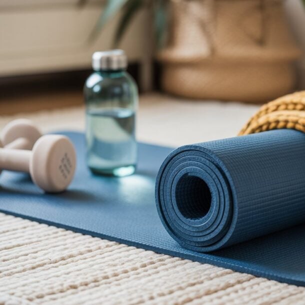 A rolled blue yoga mat, light gray dumbbells, a clear water bottle, and a mustard yellow blanket sit on a beige woven rug—essentials for staying active and helping prevent muscle loss during weight loss in a cozy indoor setting.
