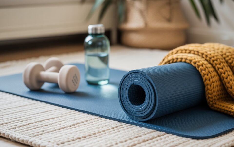 A rolled blue yoga mat, light gray dumbbells, a clear water bottle, and a mustard yellow blanket sit on a beige woven rug—essentials for staying active and helping prevent muscle loss during weight loss in a cozy indoor setting.