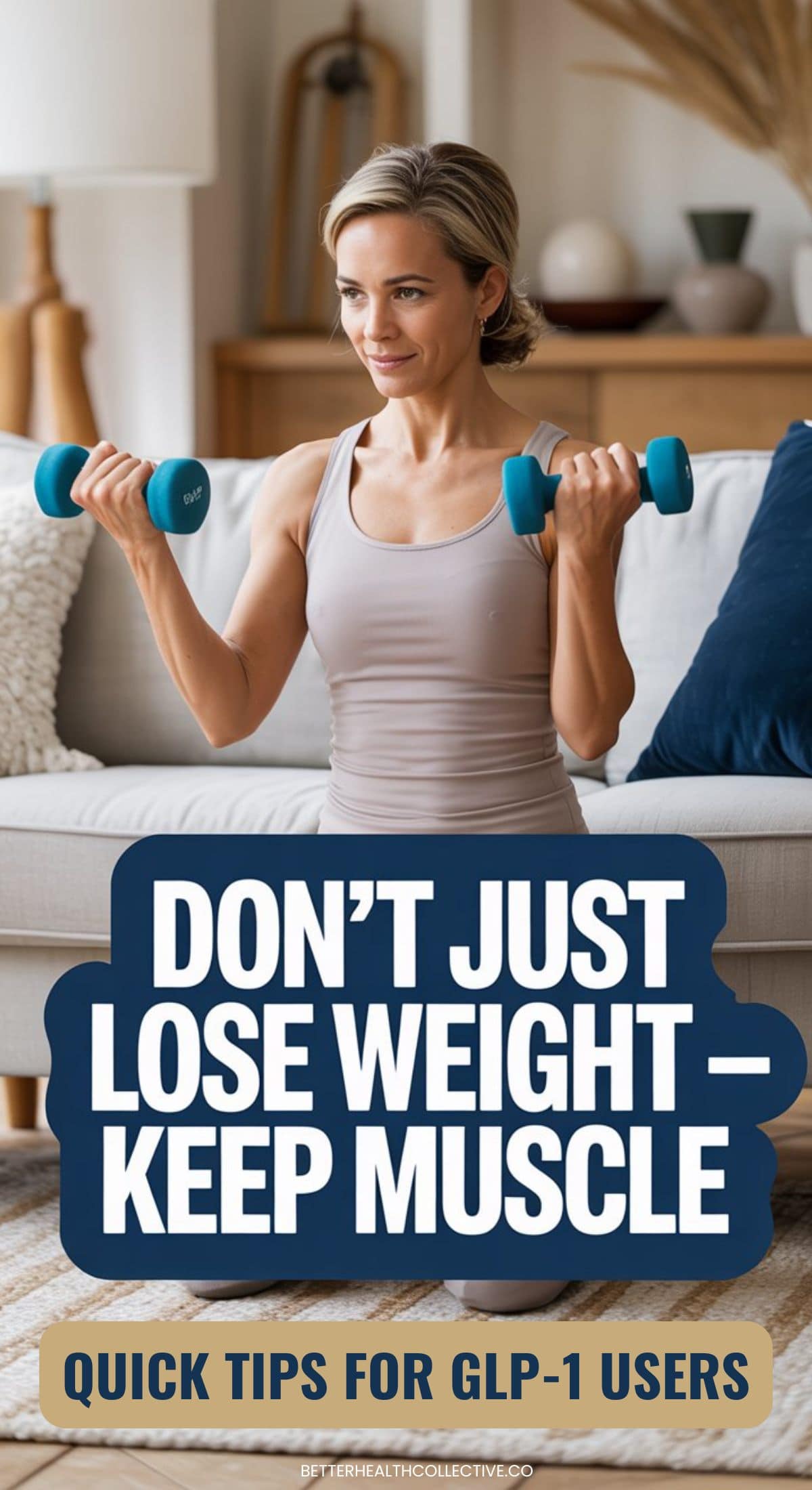 A woman exercises with dumbbells at home, smiling and seated on a couch. Text overlay says, Don’t just lose weight – track muscle while losing weight. Quick tips for GLP-1 users.
