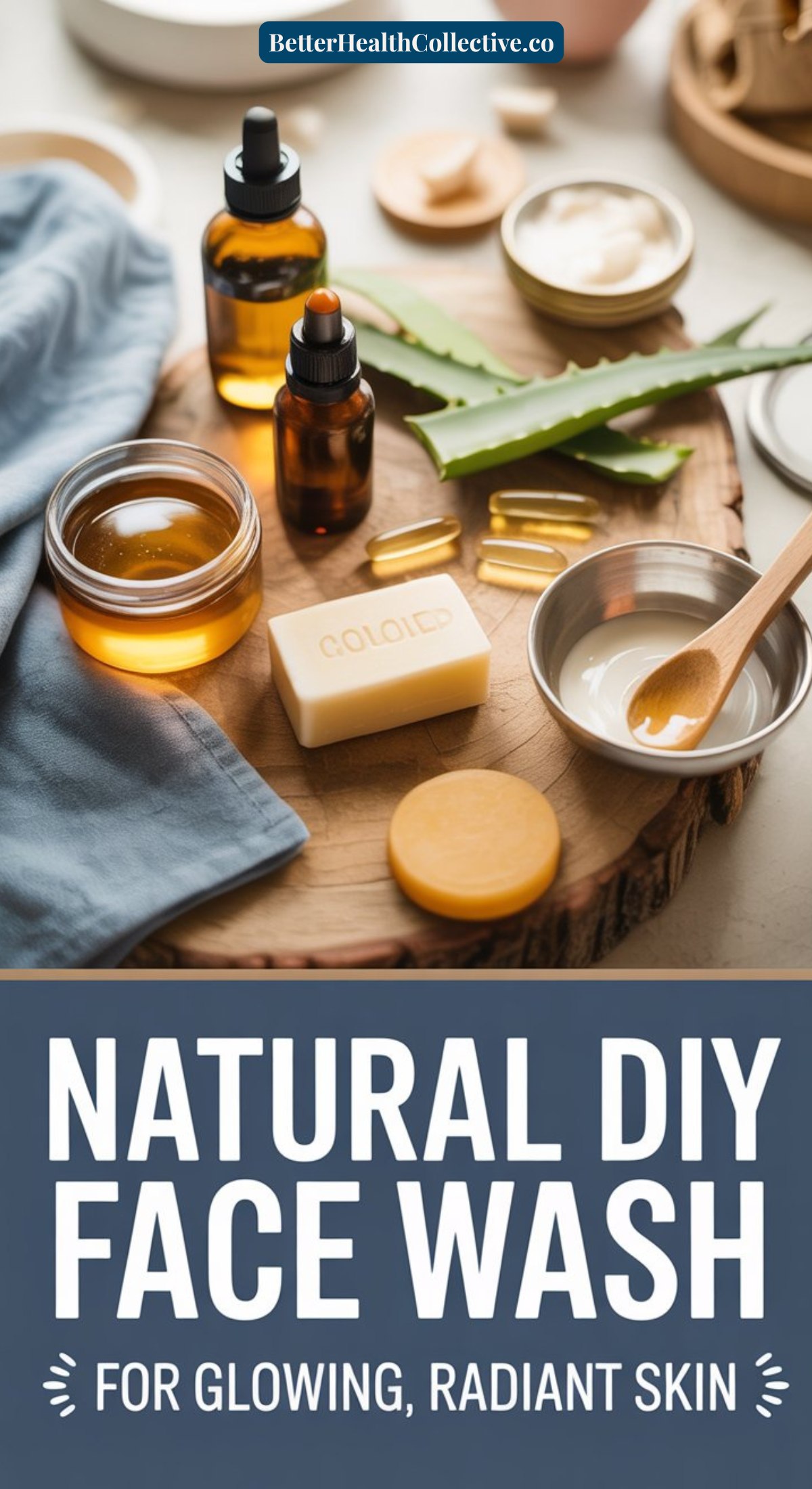 A wooden tray with natural skincare items—bottles of oil, a bar of soap, aloe vera leaves, capsules, creamy cleanser, and a dish with a wooden spoon. Text reads: DIY Face Wash for Glowy Skin and Radiant Complexion.