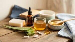 A collection of natural wellness items for radiant skin on a wooden table, including an amber dropper bottle, aloe vera leaves, honey in a jar, a bar of soap, capsules, gel pills, and a ceramic bowl with a wooden spoon.