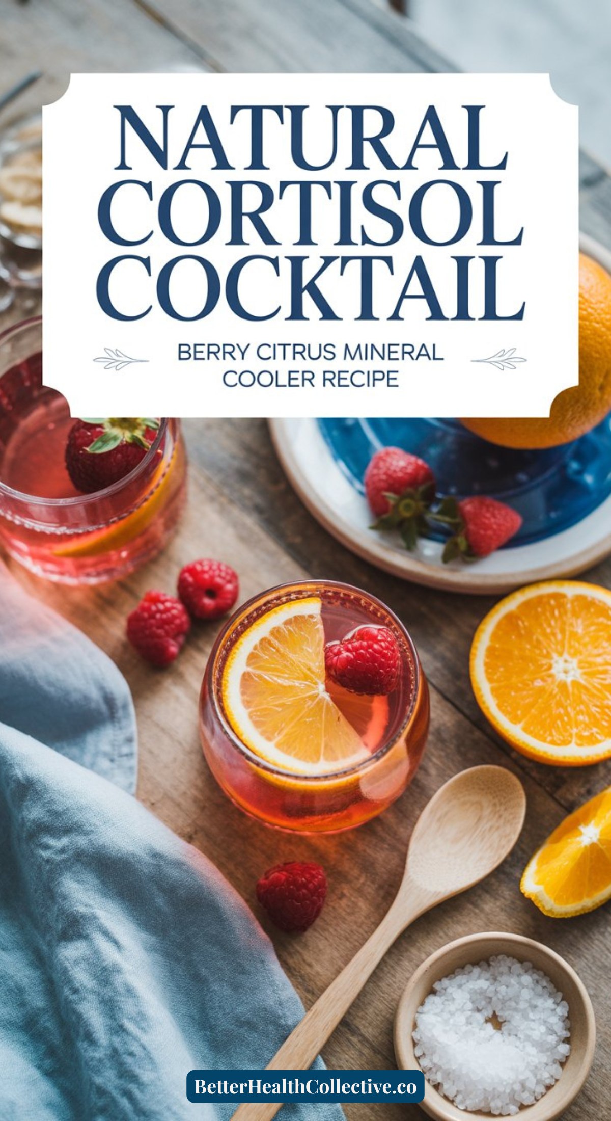 A top view of berry citrus mineral drinks in glasses, surrounded by orange slices, raspberries, blueberries, a wooden spoon, and a blue napkin. Text above reads: Natural Cortisol Cocktail – Berry Citrus Mineral Cooler Recipe. Try this cortisol cocktail recipe!.