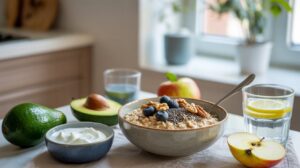 A bowl of oatmeal topped with blueberries, walnuts, and chia seeds sits on a table with a halved avocado, apple slices, a bowl of yogurt, and glasses of water, with a bright kitchen in the background.