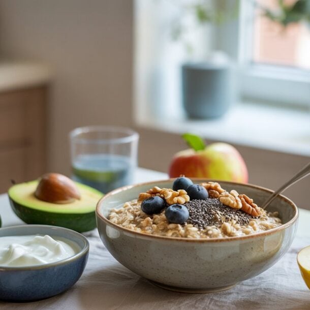 A bowl of oatmeal topped with blueberries, walnuts, and chia seeds sits on a table with a halved avocado, apple slices, a bowl of yogurt, and glasses of water, with a bright kitchen in the background.