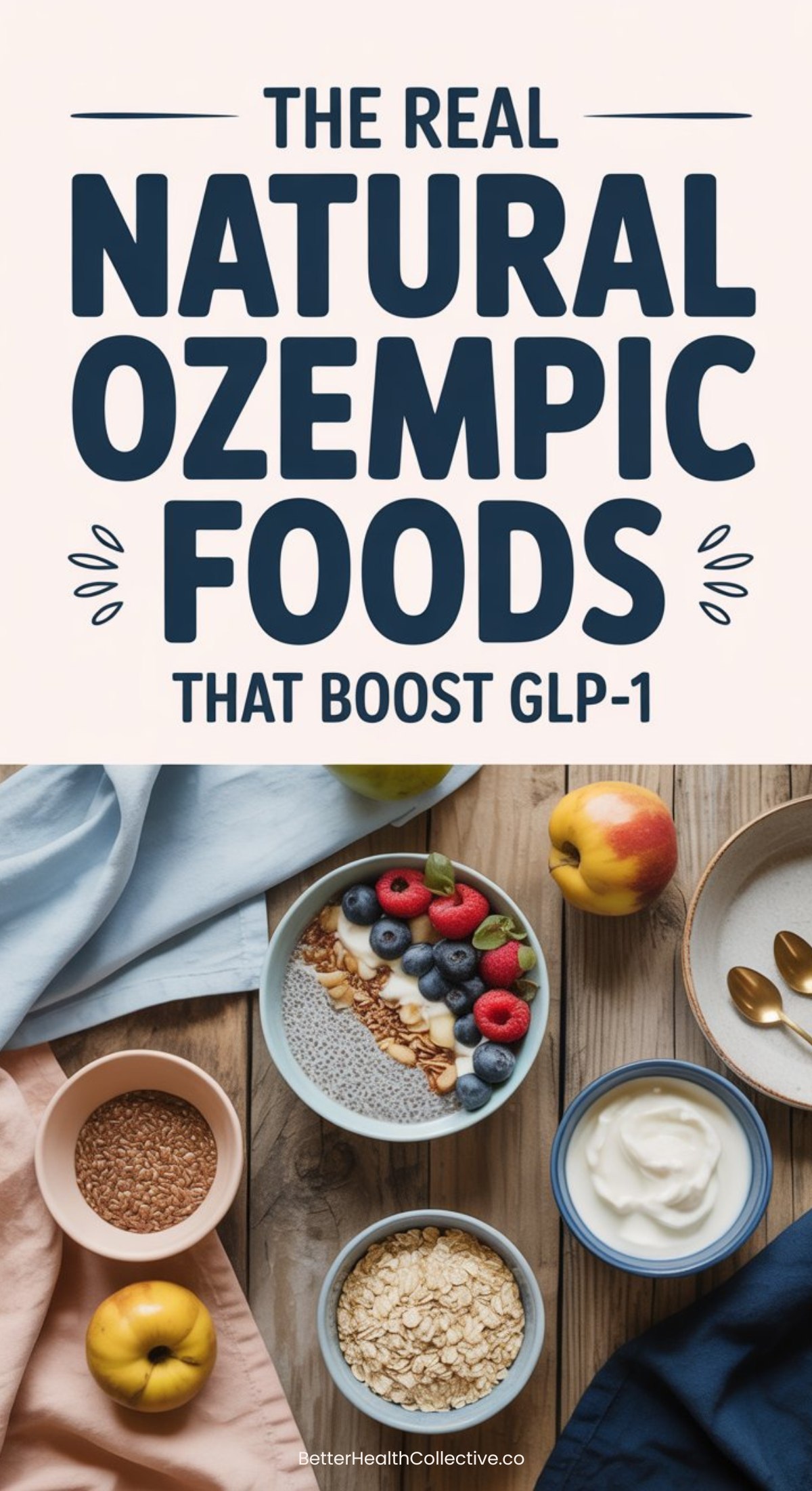A flat lay of natural foods including oats, yogurt, flaxseeds, an apple, and a bowl of berries, with text above reading The Real Natural Ozempic Foods That Boost GLP-1.