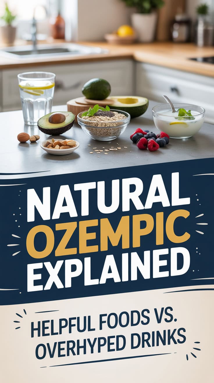 A kitchen counter displays healthy foods like avocado, oats, berries, lemon water, and yogurt. Text on the image reads: Natural Ozempic Explained—helpful foods to try vs. overhyped drinks to skip.