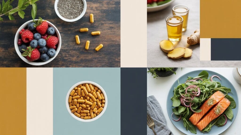 A collage featuring helpful foods like berries, chia seeds, and capsules; ginger root with two glasses of overhyped drinks; a bowl of yellow capsules; and a plate with salmon, greens, and red onion slices.