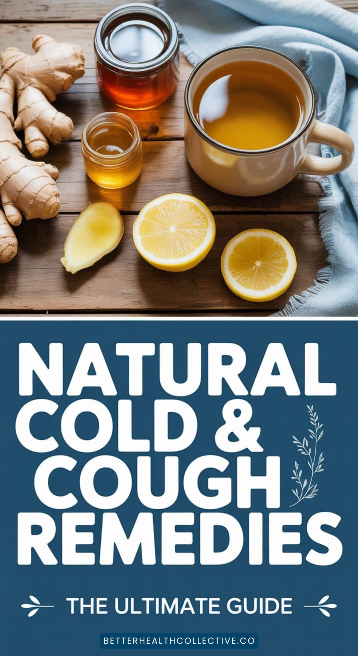 A cup of tea, honey, lemon slices, and fresh ginger on a wooden surface. Below is text: “Natural Cold & Cough Remedies. The Ultimate Guide to family cold remedies. betterhealthcollective.co.”.