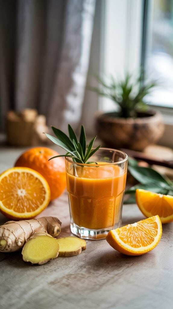 A glass of orange juice, reminiscent of immunity shots, is garnished with a green leaf and sits on a table surrounded by fresh orange slices, a whole orange, sliced ginger, and a small potted plant in the background.