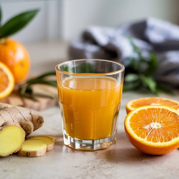 A glass of Orange Ginger Vitamin C Shot sits on a table with fresh ginger root and sliced oranges nearby. Whole oranges and green leaves are in the background, beside a blue-and-white striped cloth.