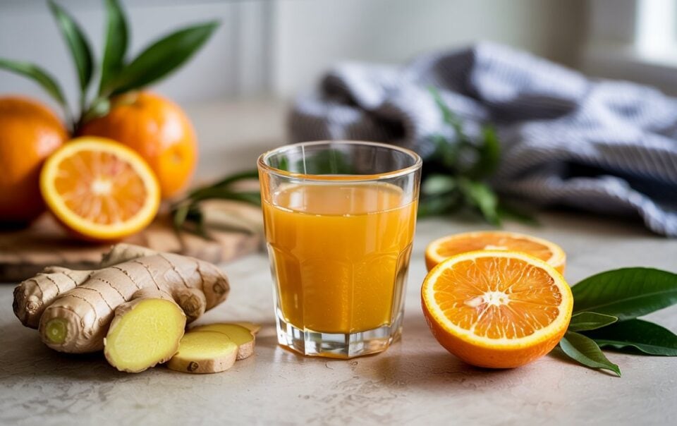 A glass of Orange Ginger Vitamin C Shot sits on a table with fresh ginger root and sliced oranges nearby. Whole oranges and green leaves are in the background, beside a blue-and-white striped cloth.