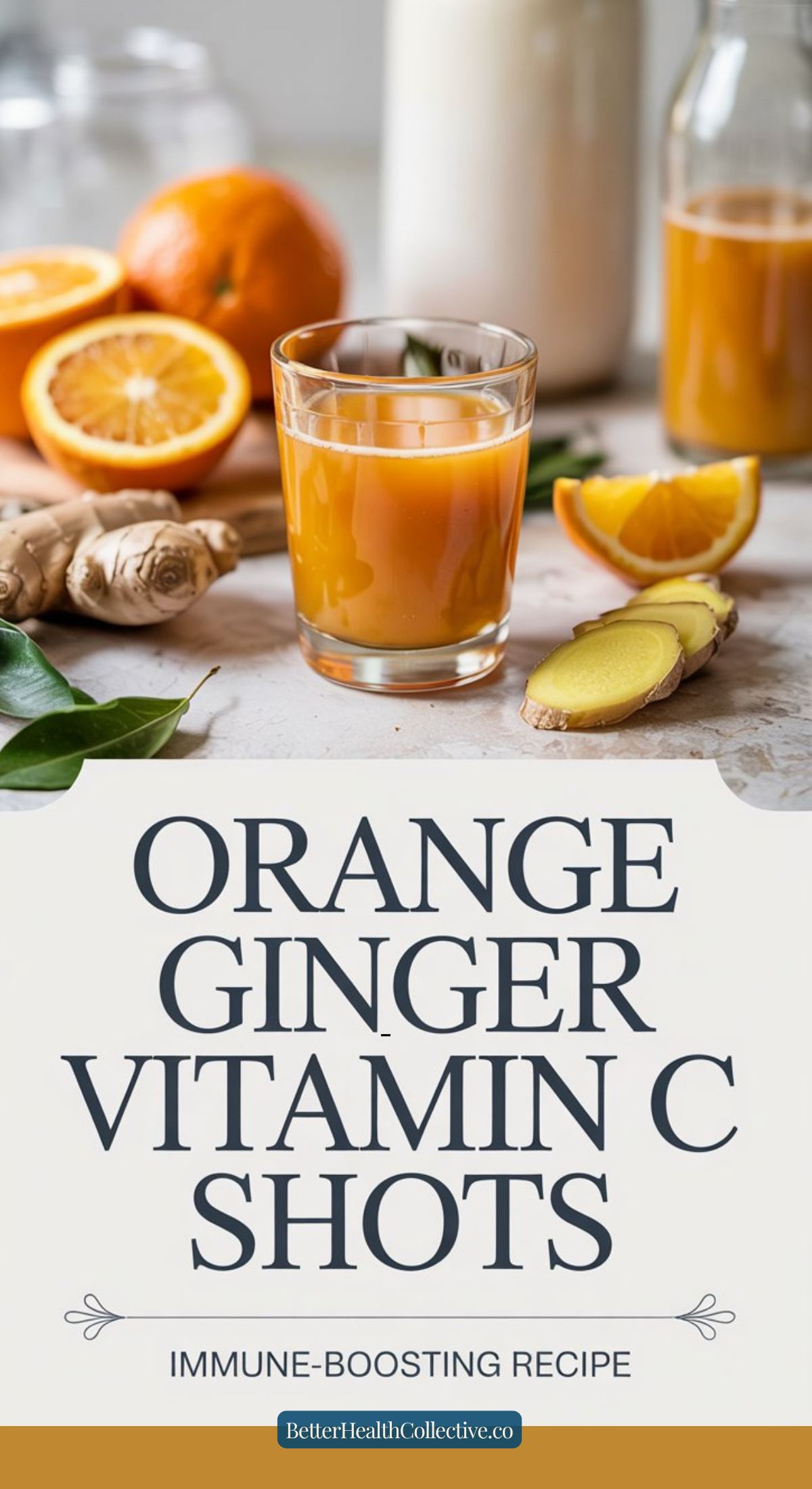 A glass of Orange Ginger Vitamin C Shot sits on a table with fresh ginger, sliced oranges, and a bottle of juice in the background. Text reads: Orange Ginger Vitamin C Shots – Immune-Boosting Recipe.