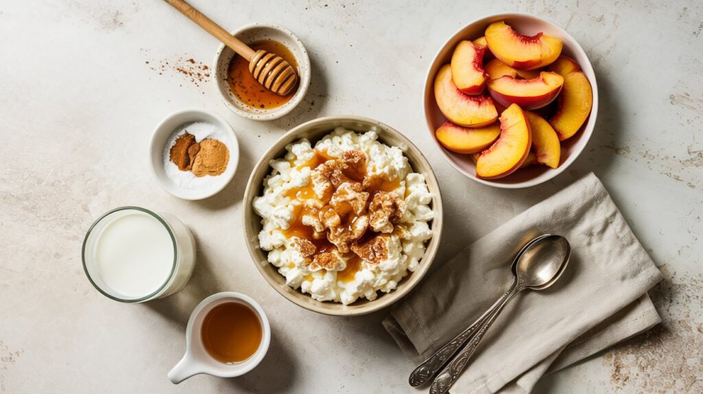 A bowl of Cottage Cheese topped with honey, cinnamon, and walnuts is surrounded by fresh peach slices, a glass of milk, a small bowl of cinnamon, a honey dipper, and a folded napkin with two spoons—a Peach Cobbler-inspired treat.