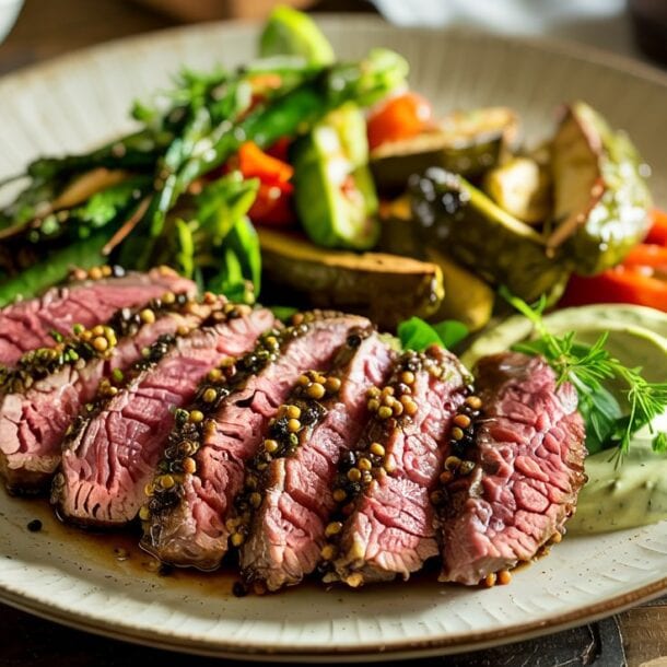 A plate of Peppercorn Steak & Yogurt, featuring sliced medium-rare steak garnished with peppercorns, served alongside roasted potatoes, green beans, red peppers, and a swirl of creamy green sauce on a rustic wooden table.