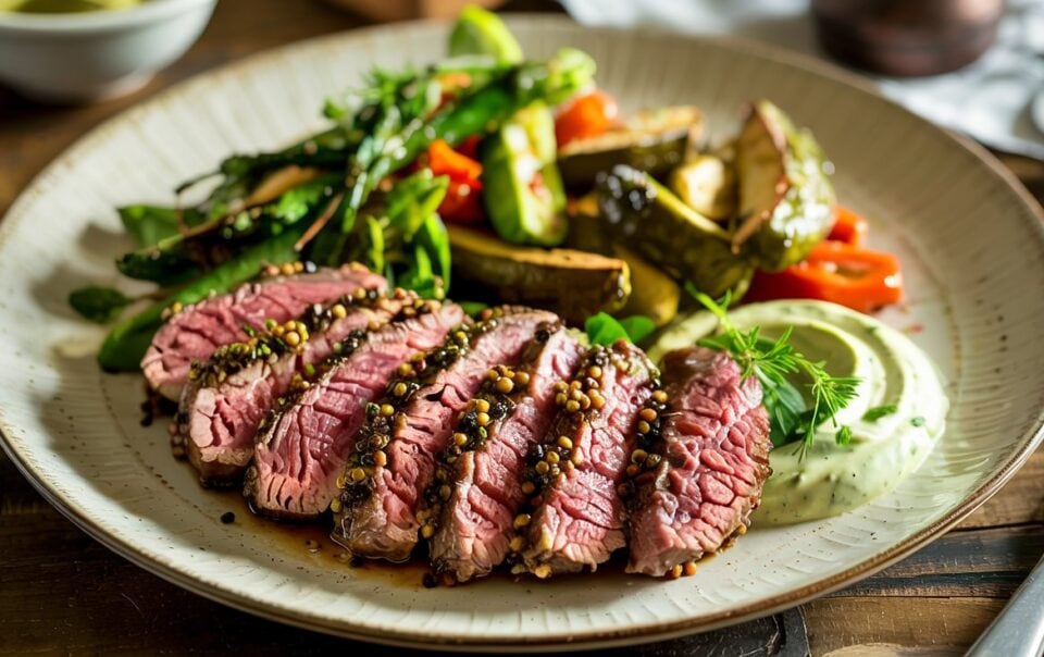 A plate of Peppercorn Steak & Yogurt, featuring sliced medium-rare steak garnished with peppercorns, served alongside roasted potatoes, green beans, red peppers, and a swirl of creamy green sauce on a rustic wooden table.