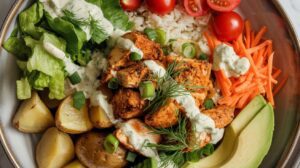 A Protein Bowl featuring grilled ranch chicken, cherry tomatoes, lettuce, shredded carrots, sliced avocado, roasted potatoes, rice, and topped with a creamy herb dressing.