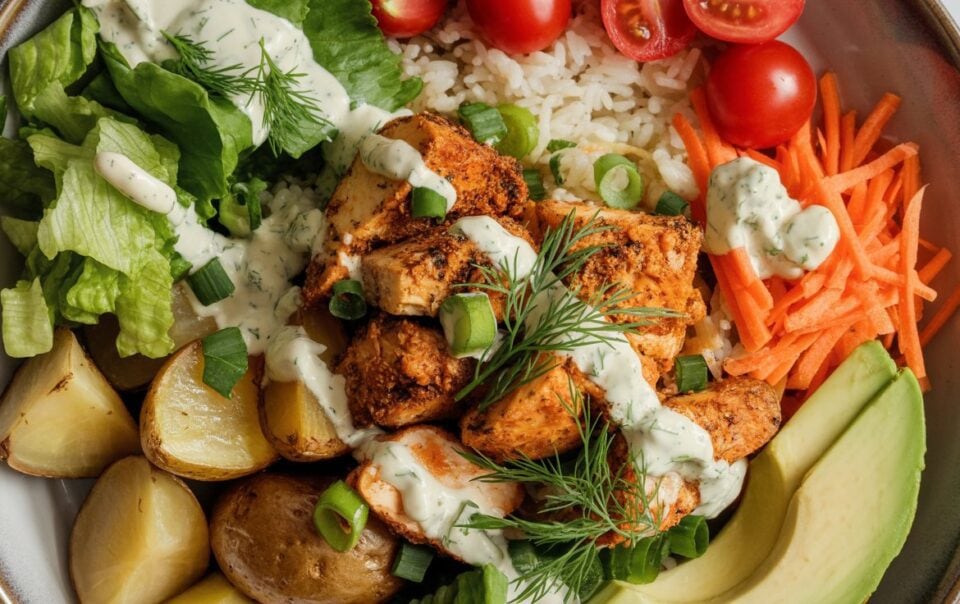 A Protein Bowl featuring grilled ranch chicken, cherry tomatoes, lettuce, shredded carrots, sliced avocado, roasted potatoes, rice, and topped with a creamy herb dressing.