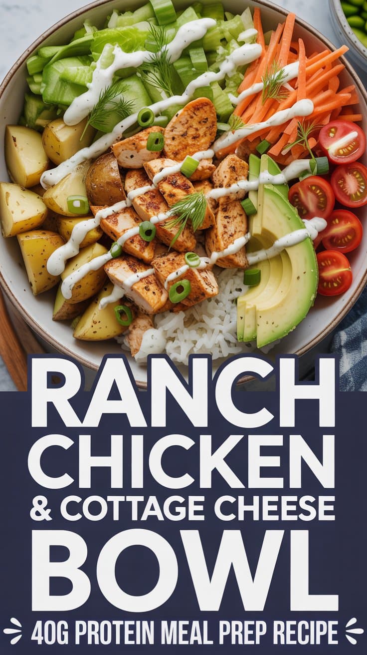 A bowl filled with grilled ranch chicken, potatoes, avocado, cucumber, tomatoes, carrots, rice, and cottage cheese, drizzled with ranch dressing. Text below reads: “Ranch Chicken & Cottage Cheese Protein Bowl - 40g Protein Meal Prep Recipe.”.