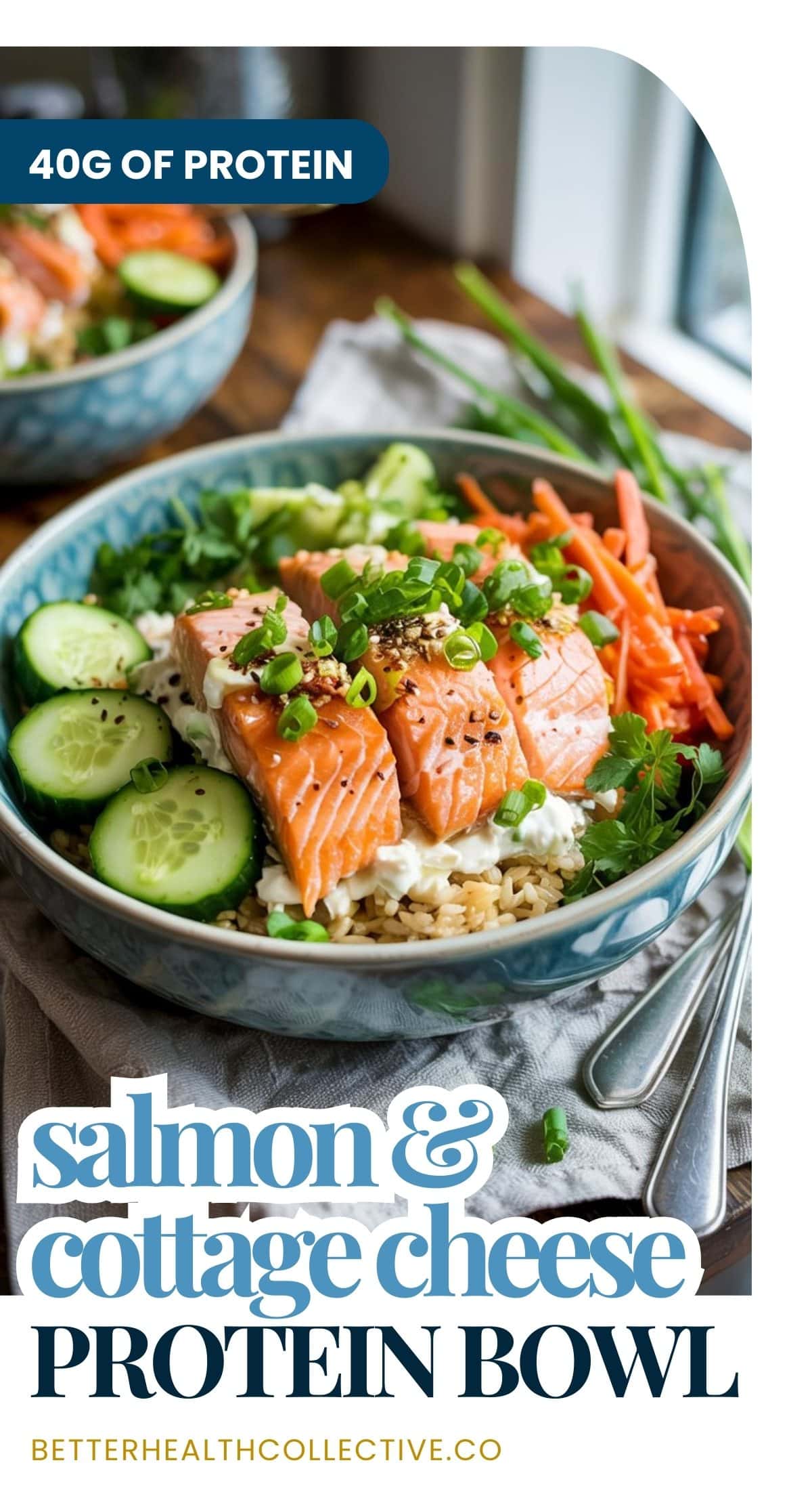 A Salmon Cottage Cheese Rice Bowl filled with sliced salmon, cottage cheese, rice, cucumber, shredded carrots, and green onions. A fork and napkin sit beside it. Text overlay reads: “40g of protein. Salmon & cottage cheese protein bowl.”.