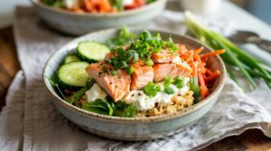 A Salmon Cottage Cheese Rice Bowl features brown rice topped with cooked salmon, sliced cucumbers, shredded carrots, fresh greens, a dollop of creamy sauce, and chopped green onions. Another similar bowl is blurred in the background.