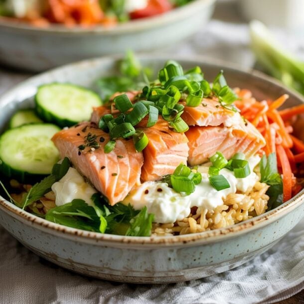 A Salmon Cottage Cheese Rice Bowl features brown rice topped with cooked salmon, sliced cucumbers, shredded carrots, fresh greens, a dollop of creamy sauce, and chopped green onions. Another similar bowl is blurred in the background.