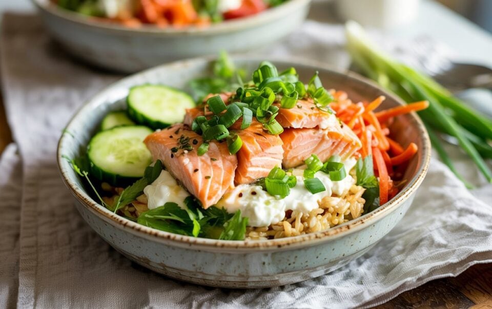 A Salmon Cottage Cheese Rice Bowl features brown rice topped with cooked salmon, sliced cucumbers, shredded carrots, fresh greens, a dollop of creamy sauce, and chopped green onions. Another similar bowl is blurred in the background.