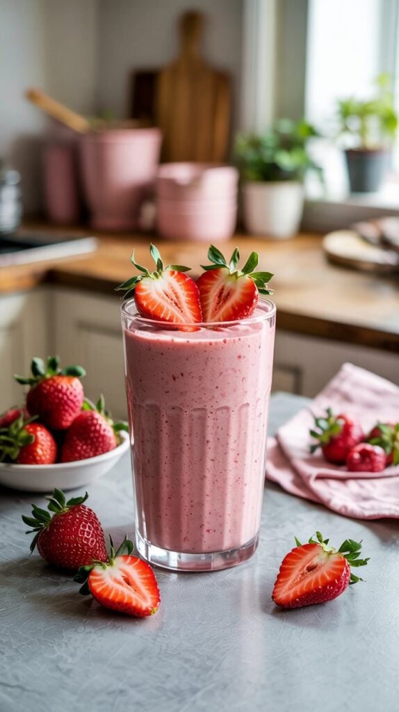 A tall glass of high-protein strawberry smoothie topped with halved strawberries sits on a gray countertop, surrounded by fresh strawberries. A bowl of strawberries and kitchen items are visible in the softly lit background.
