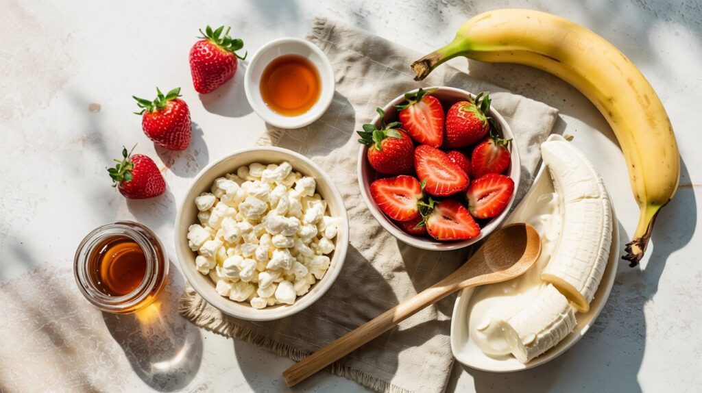 A breakfast spread with bowls of cottage cheese and sliced strawberries, a peeled banana with yogurt, fresh strawberries, and small jars of honey—perfect ingredients to inspire a Strawberry Cheesecake Cottage Cheese Smoothie.