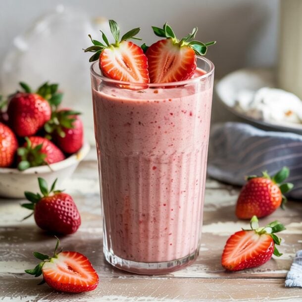 A glass of Strawberry Cheesecake Cottage Cheese Smoothie garnished with two halved strawberries, surrounded by fresh strawberries on a rustic table, with a bowl of strawberries and a blue striped cloth in the background.