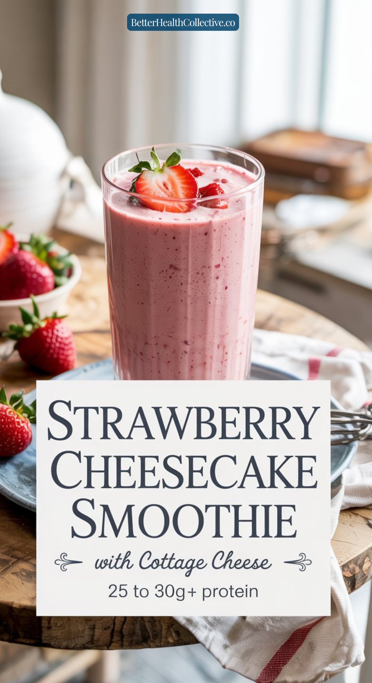 A glass of pink Strawberry Cheesecake Cottage Cheese Smoothie topped with sliced strawberry sits on a wooden table near fresh strawberries. Text on the image reads: "Strawberry Cheesecake Smoothie with Cottage Cheese, 25 to 30g+ protein.