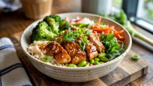 The Chicken & Edamame Power Bowl features a bowl of rice topped with glazed teriyaki chicken, broccoli, edamame, shredded carrots, sesame seeds, and green onions, served on a wooden board near a window.
