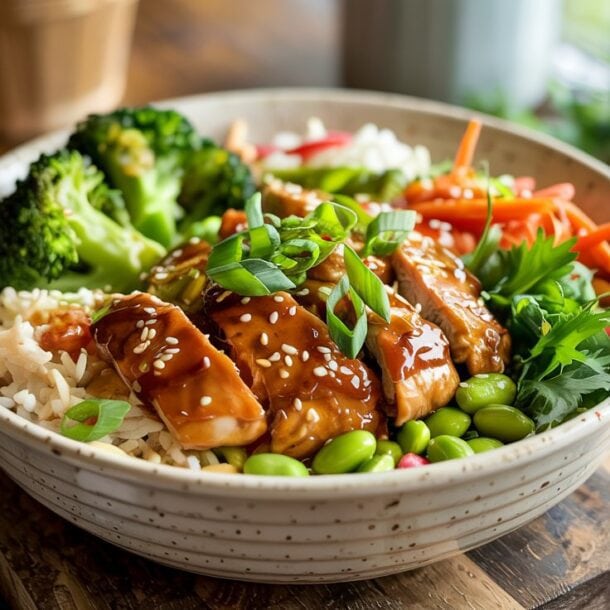 The Chicken & Edamame Power Bowl features a bowl of rice topped with glazed teriyaki chicken, broccoli, edamame, shredded carrots, sesame seeds, and green onions, served on a wooden board near a window.