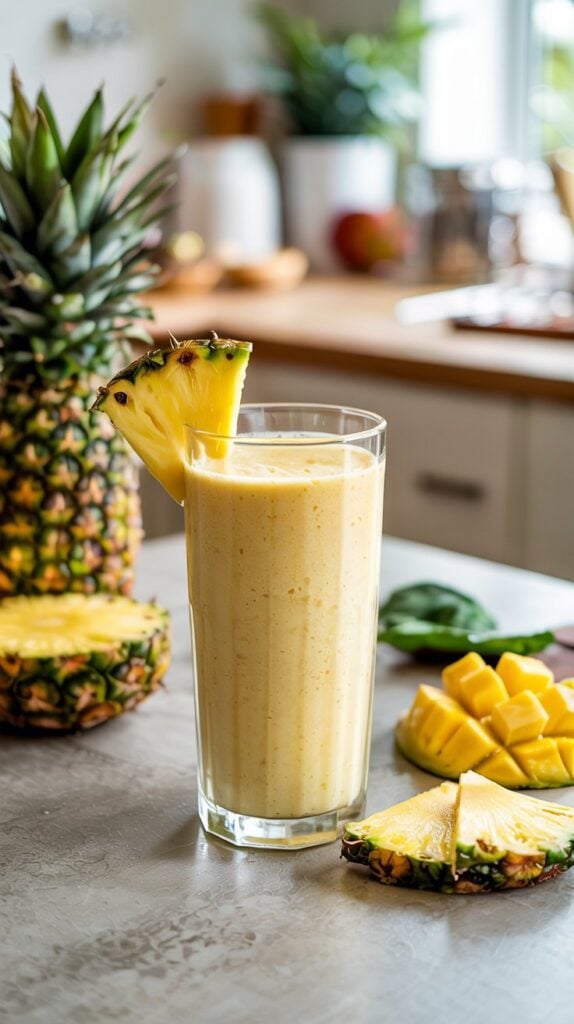 A tall glass of creamy, high-protein pineapple smoothie made with cottage cheese sits on a kitchen counter, garnished with a pineapple wedge and surrounded by fresh pineapple slices and diced mango. It’s proof that healthy smoothies can truly taste good!.
